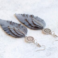 Grey suede Leather Earrings, feather layered earrings, Boho, dangle earrings, bohemian, fringe, long earrings - Image 3