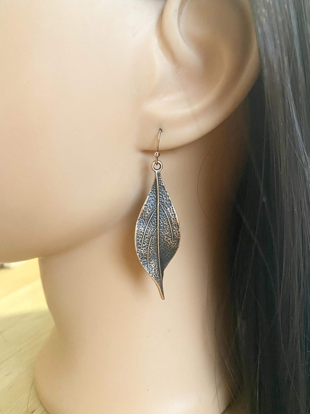 Wavy Leaf Copper Dangle Earrings Bohemian Boho - Image 2