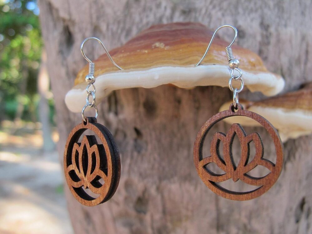 Circle Hoop Wooden Earrings Lotus Flower, 0g, Yoga Earrings, Conscious Bohemian Jewelry - Image 4