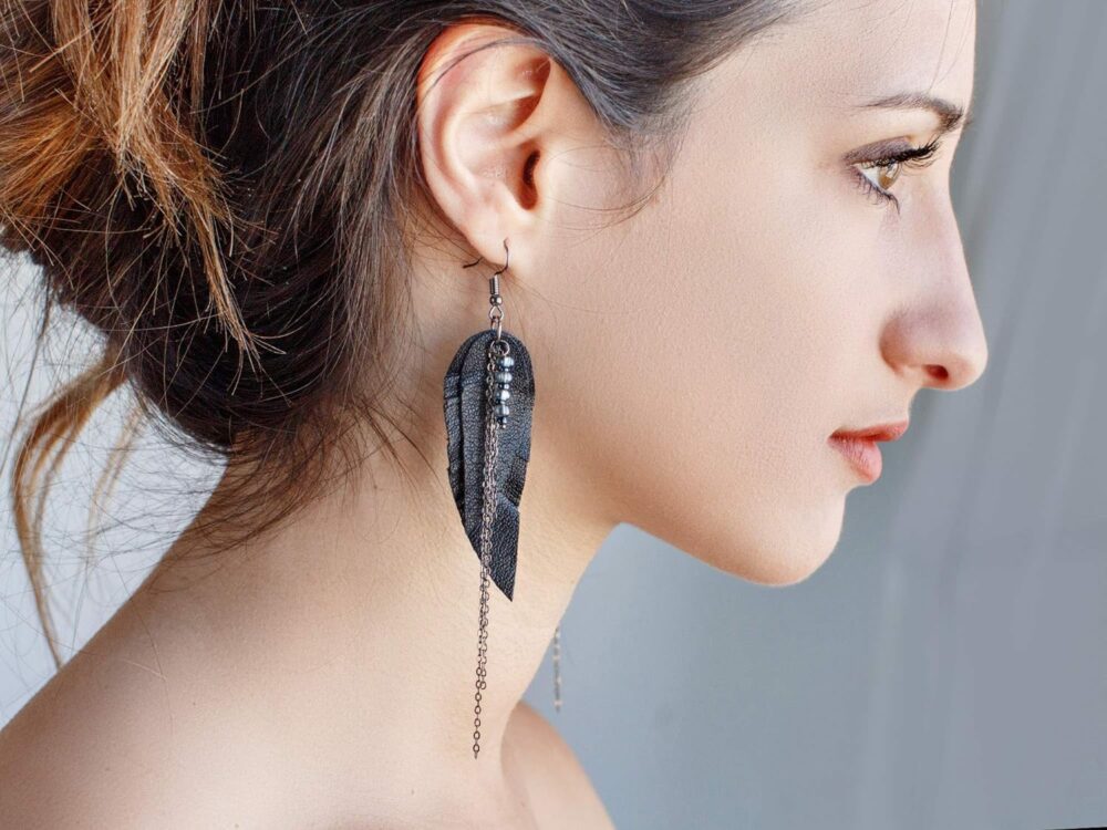 Black Leather Earrings with chains, Feather layered earrings, tribal Earrings, Boho earrings, dangle earrings, long earrings - Image 4