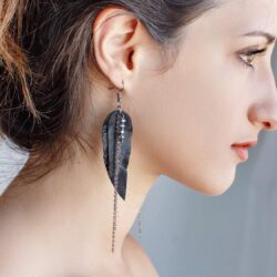 Black Leather Earrings with chains, Feather layered earrings, tribal Earrings, Boho earrings, dangle earrings, long earrings - Image 4
