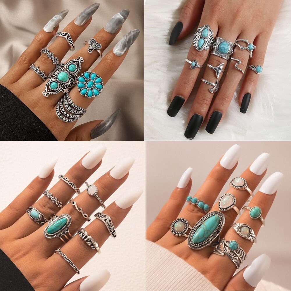 Vintage Silver Knuckle Rings Set for Women Western Turquoise Rings Bohemian Midi Ring Bulk, Chunky Rings,Retro Stone Crystal Stackable Joint Finger Ring Pack… - Image 3