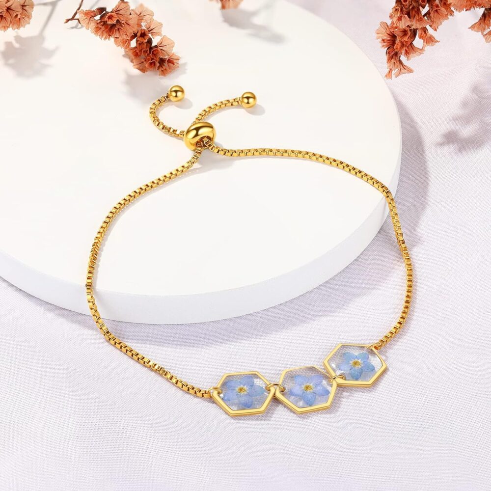 Forget-Me-Not Pressed Wildflower Bracelet | Personalized Handmade Bracelet | Real Wildflowers Bracelet | Alaska State Flower Bracelet | Gold Pressed Flower Bracelet | Gift For Her - Image 3