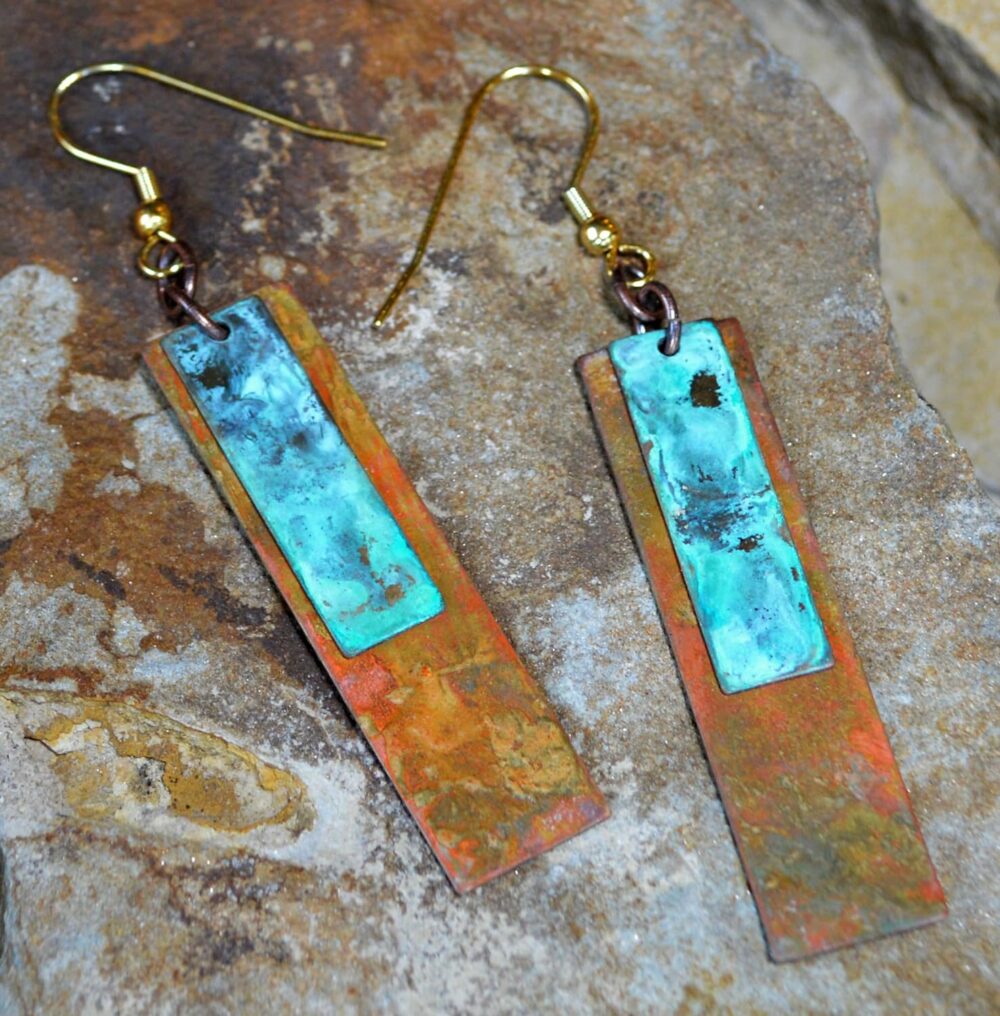 Elaine Coyne Verdigris and Earth Patina Bohemian Chic Elongated Rectangle Earrings