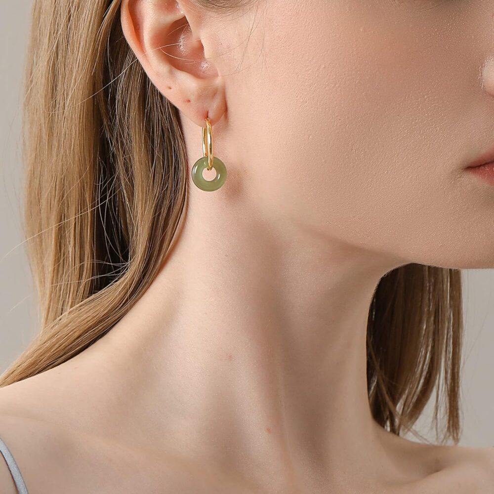 Natural Green Hetian Jade Dangle Hook Big Hoop Earrings Minimalist Circle Jade Drop Earrings 14K Gold Jewelry Birthday Gift for Women Girl - Image 4