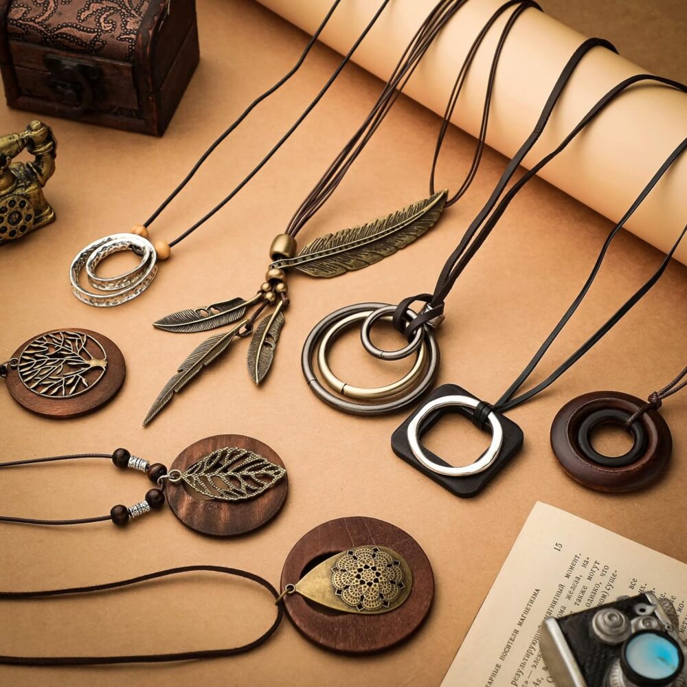 Huquary 8 Pcs Long Wooden Pendant Necklaces for Women Bohemian Sweater Necklace Set Wooden Faux Leather Long Necklaces for Women Men Vintage Necklace Boho Necklace Jewelry - Image 7