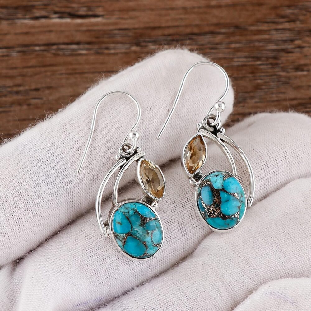 925 Sterling Silver Earring Genuine Turquoise & Citrine Gemstone Earrings Filigree Dangle Earrings Women Bohemian Handmade Jewelry Birthstone Elegant Minimalist Bridal Earring Christmas Gift - Image 4