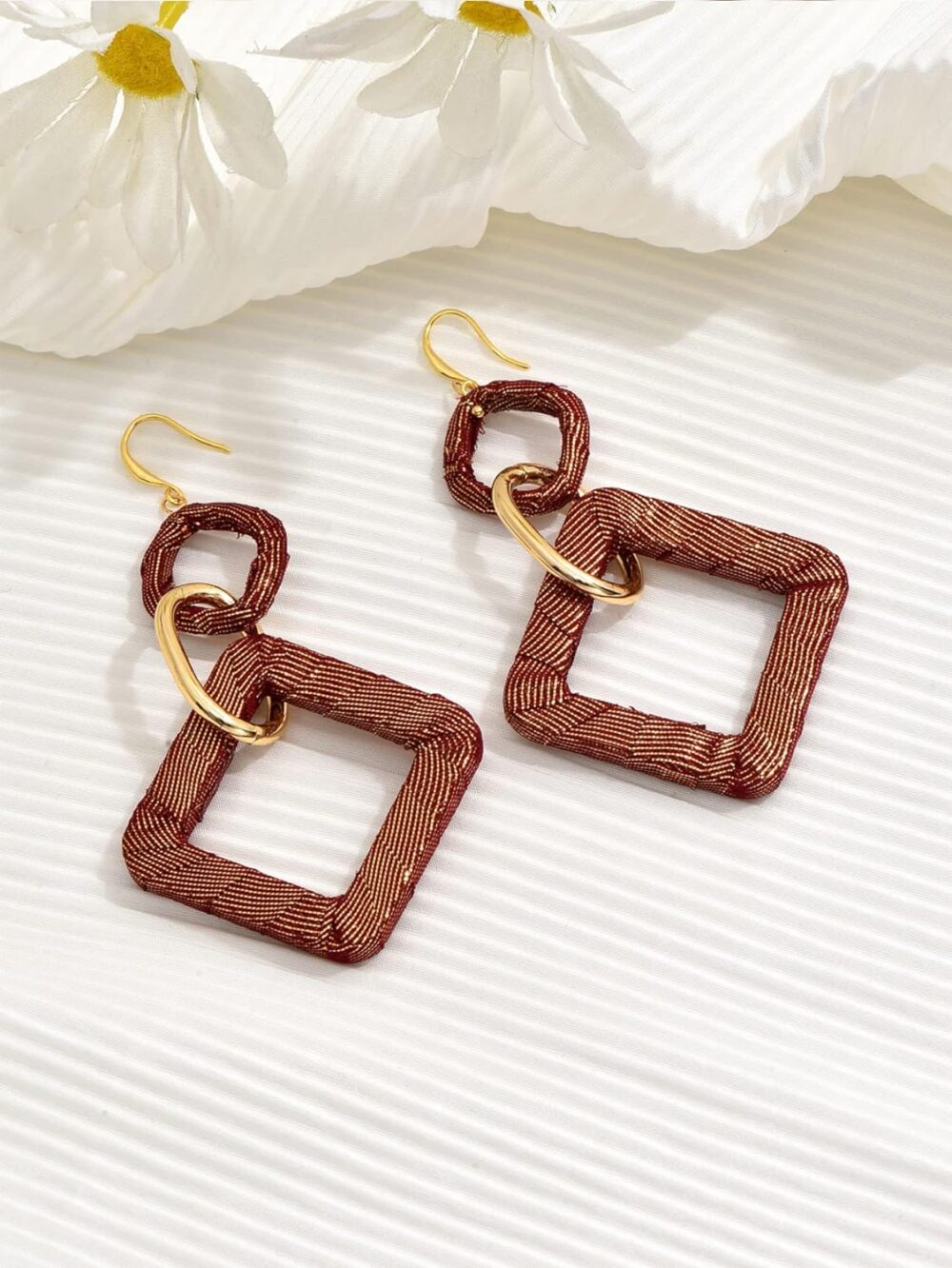 Handmade Earrings, Silk Fabric Wrapped Wine Red Large Boho Loop Earrings for Women, Bohemian Style Exaggerated Square Long Hoop Earrings, Drop And Dangle Earring For Women Girls, Bright, Flamboyant - Image 2