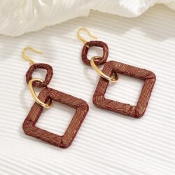 Handmade Earrings, Silk Fabric Wrapped Wine Red Large Boho Loop Earrings for Women, Bohemian Style Exaggerated Square Long Hoop Earrings, Drop And Dangle Earring For Women Girls, Bright, Flamboyant - Image 2