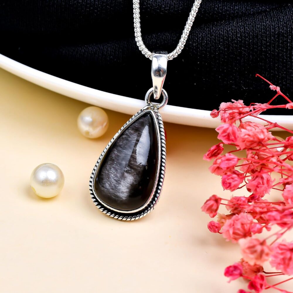 Universe Kart 925 Sterling Silver Bohemian Pendant Necklace for Women with Drop Silver Obsidian Gemstone - Image 2