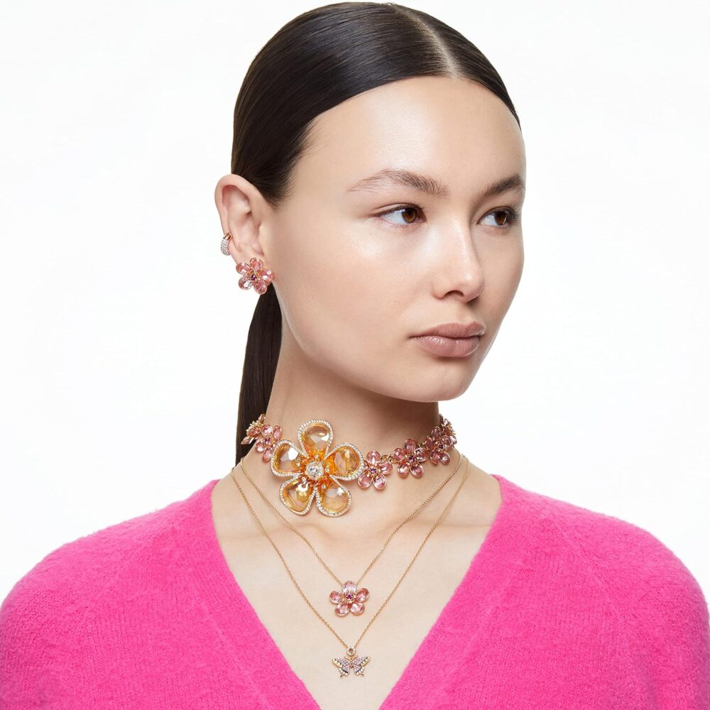 Swarovski Florere Necklace and Earrings Collection, Pink Crystals, Yellow Crystals, Gold Tone Metal Finish - Image 6