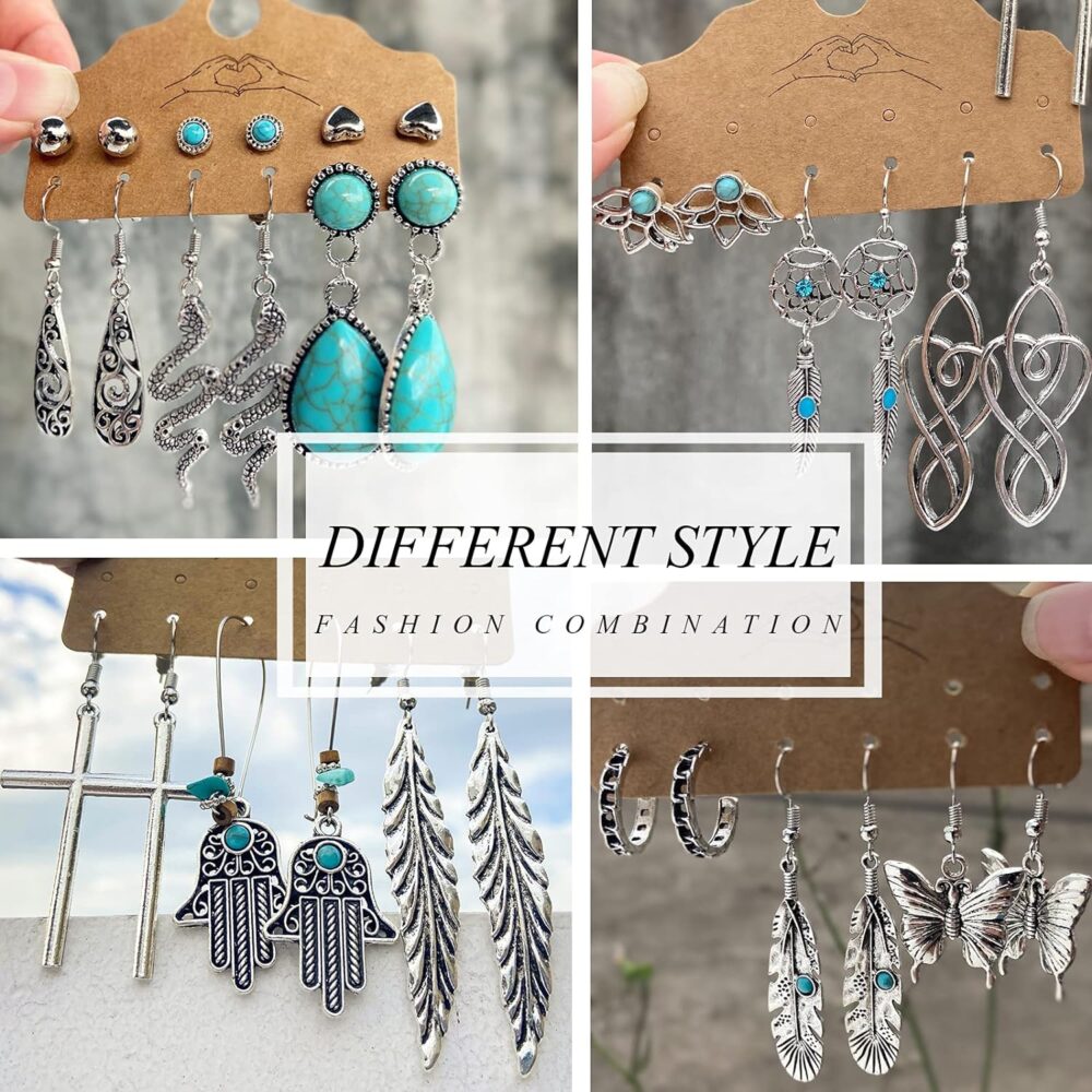 45 Pairs Bohemian Silver Drop Dangle Earrings Set for Women/Girl, Hypoallergenic Fashion Vintage Bronze Waterdrop Dangling Earrings Jewelry for Birthday/Christmas Gift - Image 3