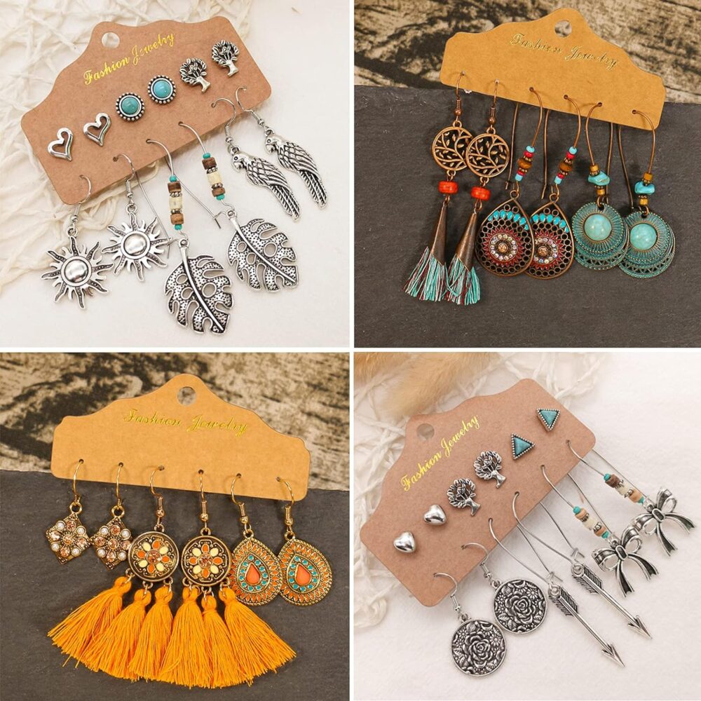 45 Pairs Bohemian Vintage Drop Dangle Earrings Set for Women Girls, Fashion Boho Earrings National Style Tassel Eardrop Hollow Bronze Waterdrop Leaf Jewelry for Valentine's Day Gifts - Image 5