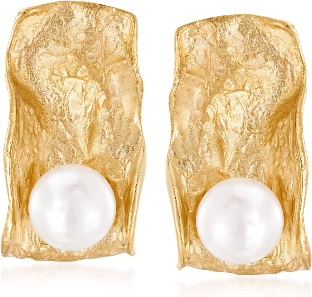 Ross-Simons Italian 7.5-8mm Cultured Pearl Sculptural Earrings in 18kt Gold Over Sterling