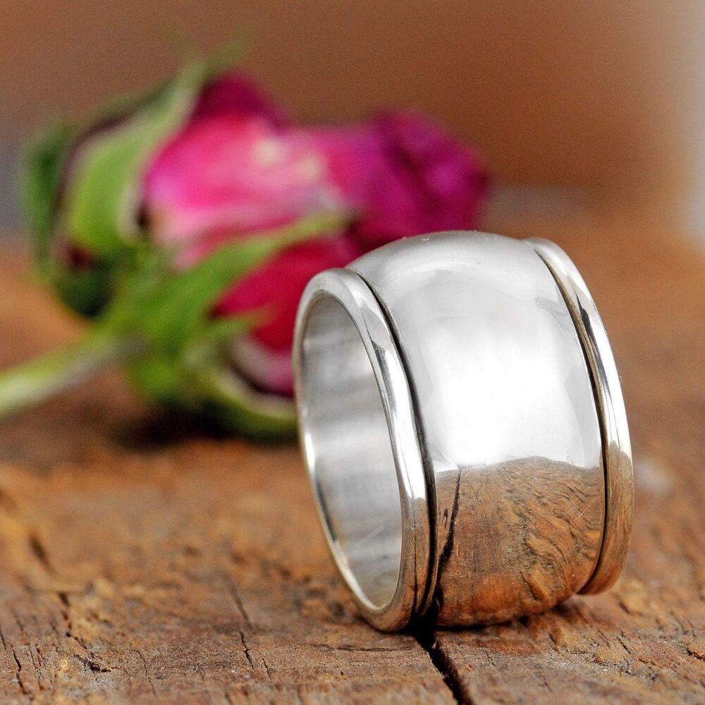 Boho-Magic 925 Sterling Silver Spinner Ring for Women Fidget Ring Band Wide Dome Ring - Image 7