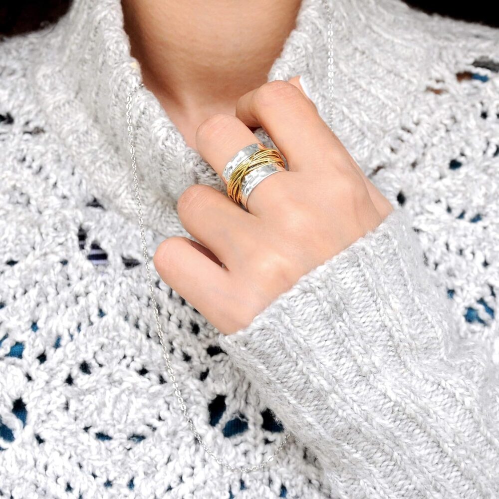 Boho-Magic 925 Sterling Silver Band Ring for Women with Brass Wrap Wide Statement Ring - Image 5