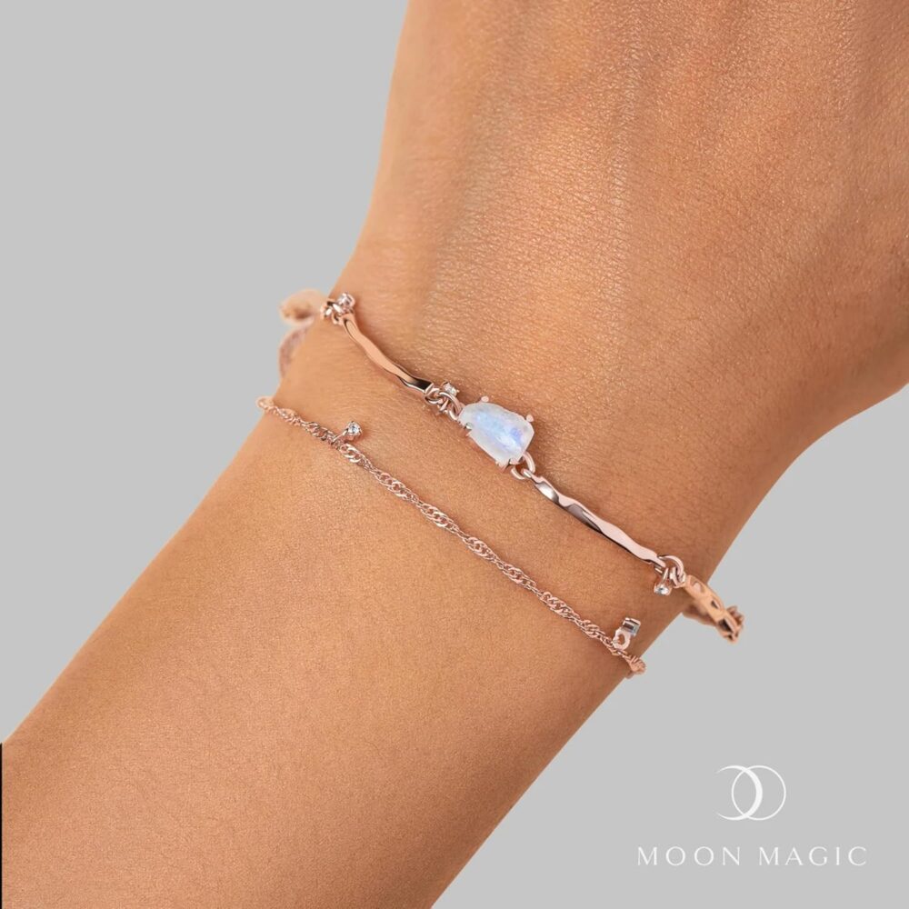 Moon Magic - Authentic Moonstone Bracelets/Real 925 Sterling Silver - 18k Rose and Yellow Gold Rainbow Moonstone Bracelets for Women/Genuine Moonstone Jewelry - Image 2