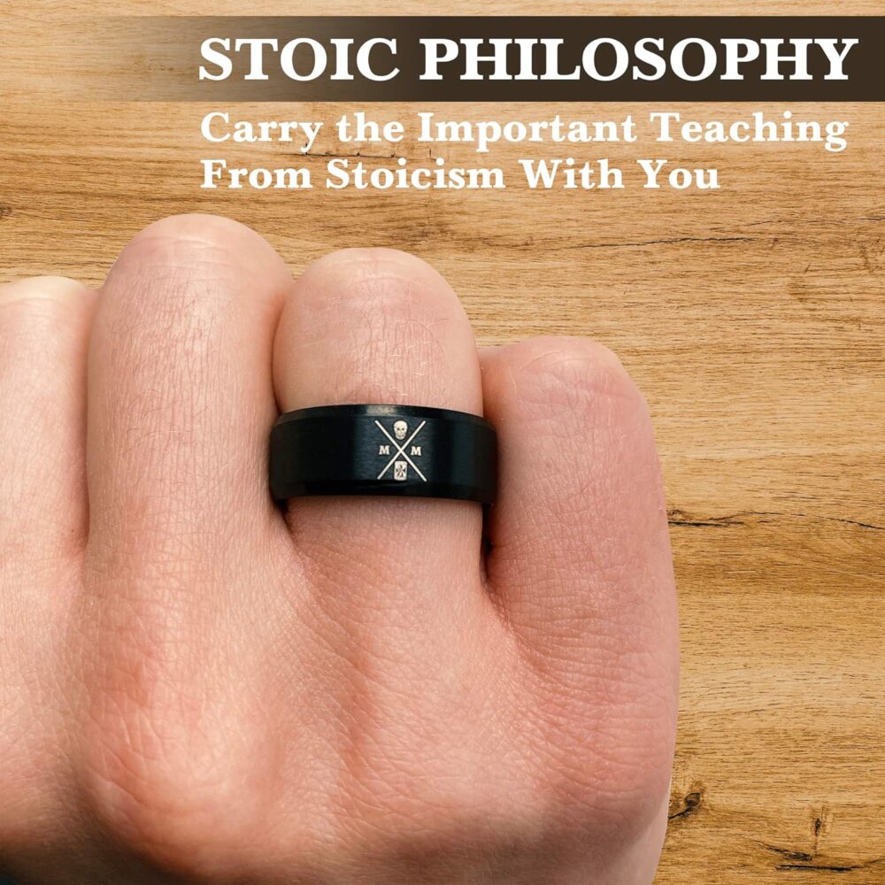 Memento Mori Ring - Stainless Steel Skull Ring For The Practicing Stoic - Black Momento Mori Ring With Minimalist Logo Design, Pinky Ring For Men Women - Image 2