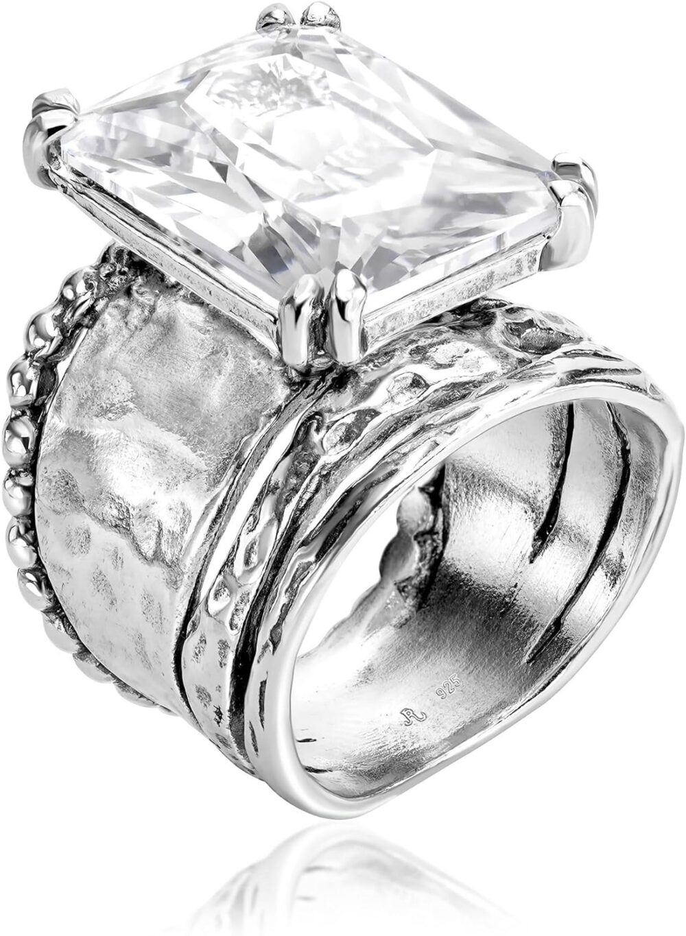 925 Sterling Silver Statement Ring With A White Octagon Shaped Cubic Zirconia CZ , Vintage Antique Look, Hypoallergenic, Nickel and Lead-free, Artisan Handcrafted Designer collection, Made In Israe 0