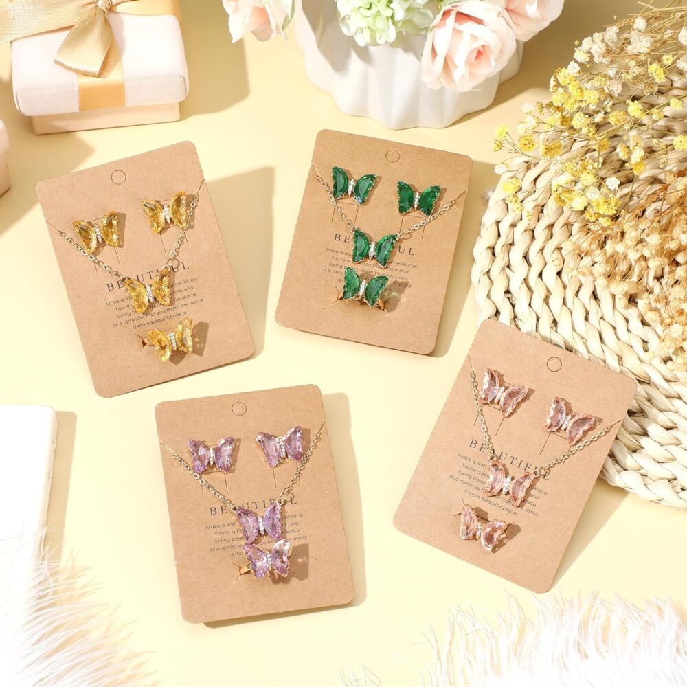 Quelay 4 Sets Butterfly Jewelry Women Butterfly Necklace Earring Ring Bohemian Adjustable Butterfly Pendant Necklace for Women Girl Christmas Wedding Valentine's Day Gift - Image 4