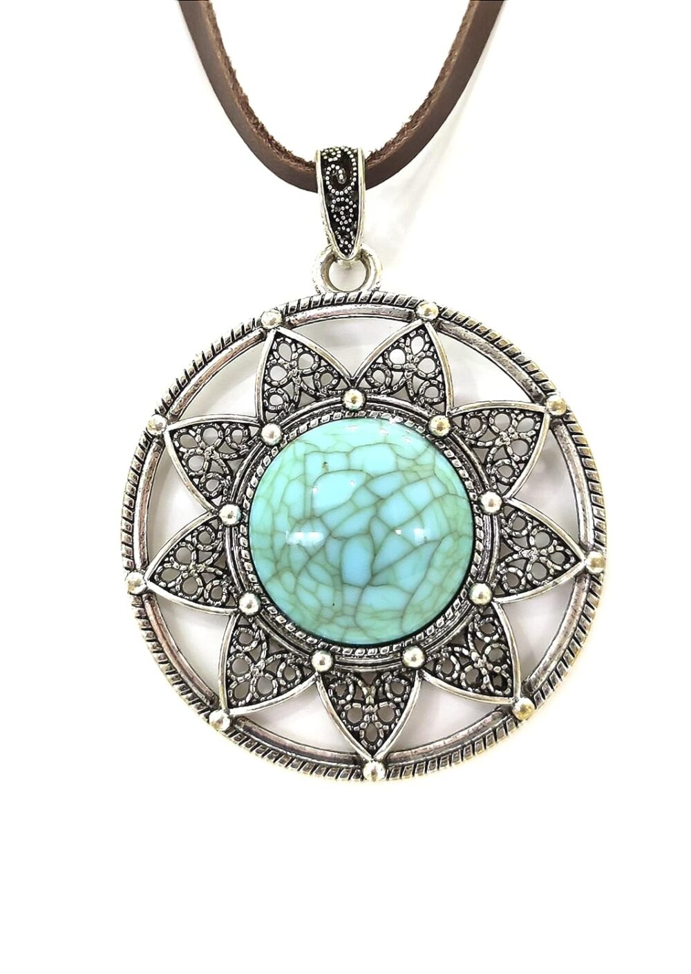 Long Leather Necklace for women. Brown Pu leather necklace with faux turquoise pendant. Light large Statement. Vintage necklace. Bohemian Handmade Jewelry BALOOLA (Sunflower)
