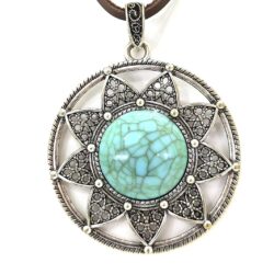 Long Leather Necklace for women. Brown Pu leather necklace with faux turquoise pendant. Light large Statement. Vintage necklace. Bohemian Handmade Jewelry BALOOLA (Sunflower)