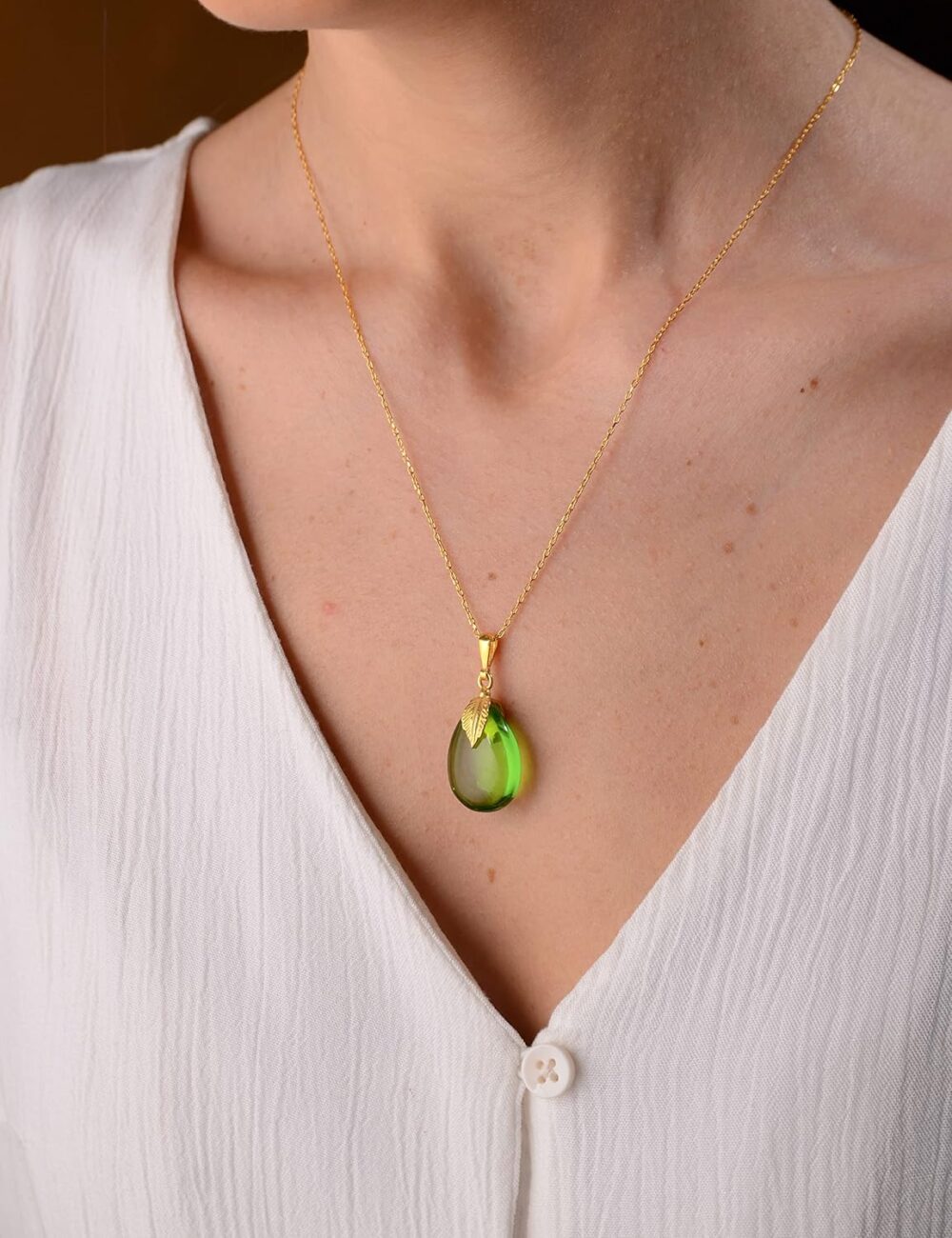 Green Amber Pendant Necklace with 925 Sterling Silver Leaf Figure and 18 inch Chain 18K Gold Plated, Green Amber Necklace for Women, Amber Stone Jewelry, HandMade from Amber (Green Puff) - Image 2