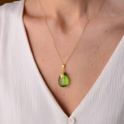 Green Amber Pendant Necklace with 925 Sterling Silver Leaf Figure and 18 inch Chain 18K Gold Plated, Green Amber Necklace for Women, Amber Stone Jewelry, HandMade from Amber (Green Puff) - Image 2