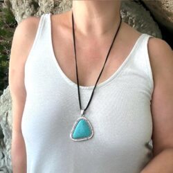 Long Leather Necklace for women. Black pu leather necklace with faux turquoise pendant. Light large Statement. Vintage necklace. Bohemian Handmade Jewelry BALOOLA (Pendant) - Image 3
