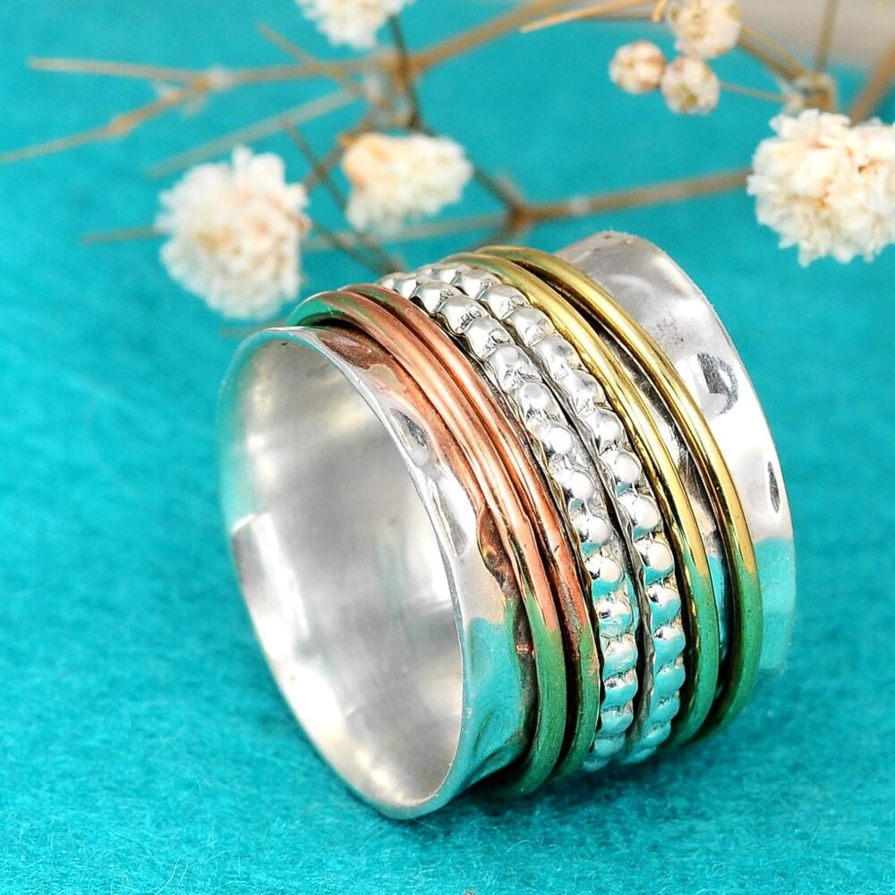 Boho-Magic 925 Sterling Silver Spinner Ring with Brass and Copper Fidget Rings for Women Wide Band - Image 5