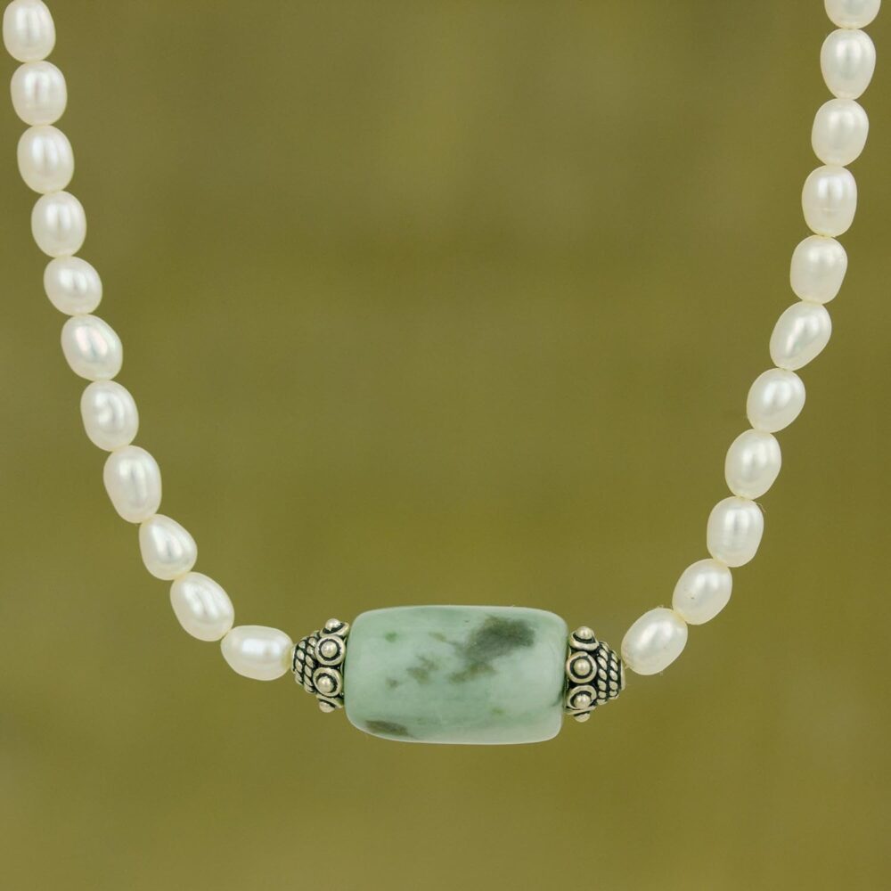 Handmade Cultured Freshwater Pearl Jade Pendant Necklace, Sterling Silver Green White Strand, Thailand Birthstone - Image 3