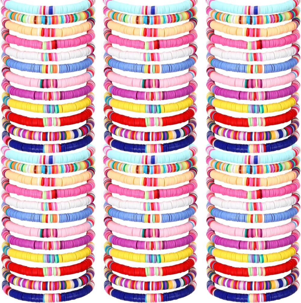 Equsion 100 Pcs Surfer Heishi Bracelets for Women Stackable Stretch Bracelets Elastic Layering Friendship Bracelets Rainbow Vinyl Disc Clay Beaded Bracelets Summer Beach Jewelry Boho, Multicolor