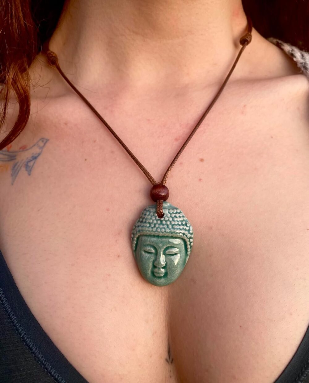 The Buddha - Turquoise, Handmade Ceramic Pendant Necklace, Adjustable Cord, for Unisex, Women, Men, Bohemian, Rustic, Vintage Style Jewelry - Image 3