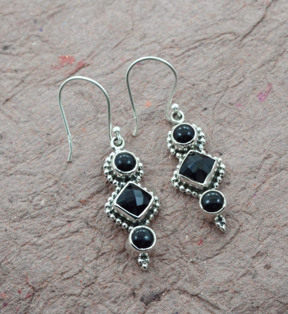 Genuine Black Onyx Bezel Earrings 925 Sterling Silver Dainty Filigree Dangle Earrings for Women Bohemian Handmade Jewelry Birthstone Elegant Minimalist Bridal Earrings Christmas Day Gift for Her - Image 2