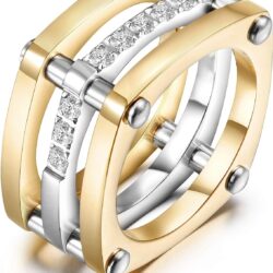 CIUNOFOR 14K Gold Plated Ring Simulated Diamond CZ Cocktail Rings for Women Gold Statement RingsWide Bands Parallel Bar Ring