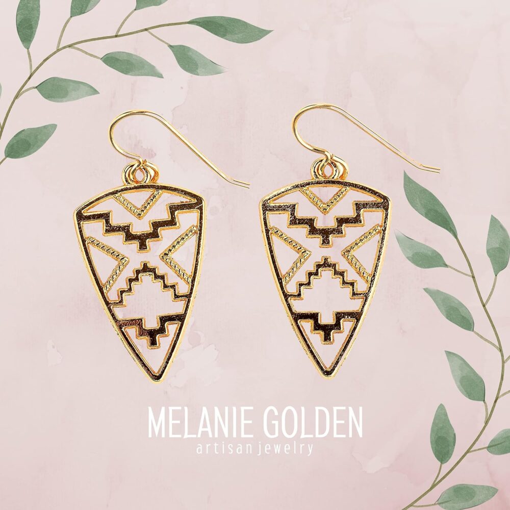 Gold Bohemian Boho Dangle Drop Earrings | (Gold Aztec Tribal) - Image 3