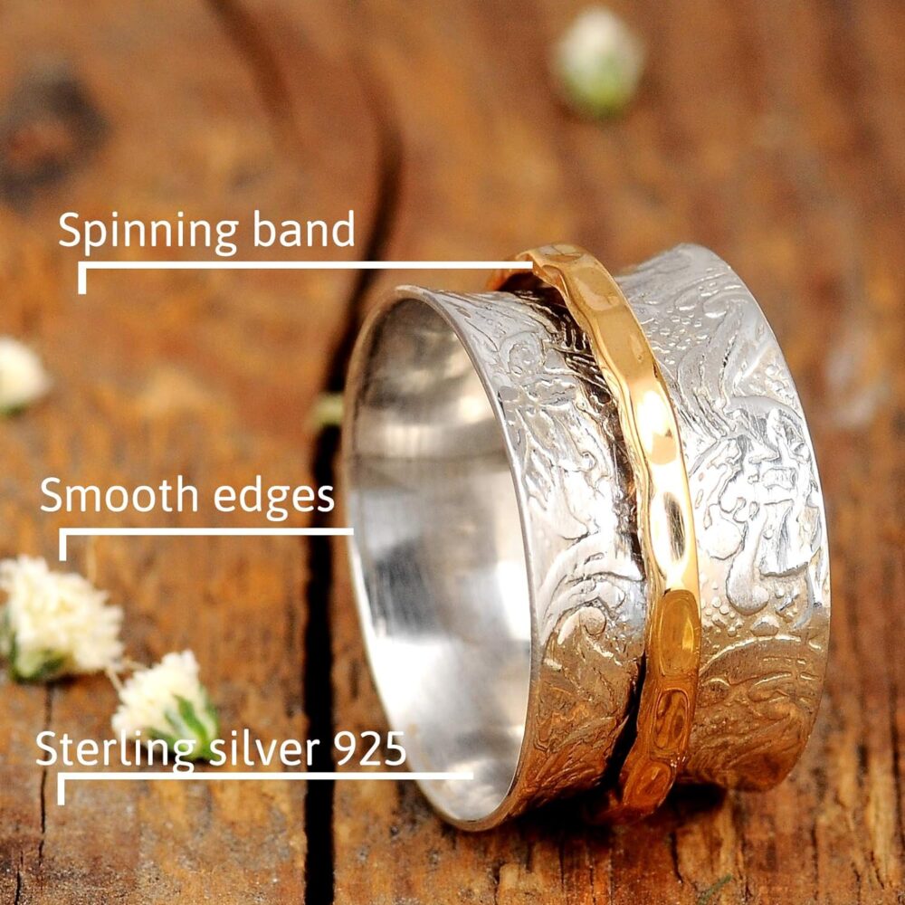 Boho-Magic 925 Sterling Silver Spinner Ring for Women with Brass Fidget Ring Flowers Band - Image 5