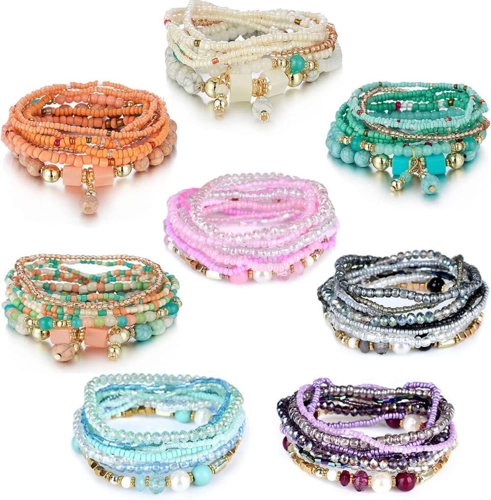 8 Sets Bohemian Stackable Bead Bracelets for Women Bohemian Bracelets Stretch Multi Layered beads Bracelet Set Boho Multicolor Jewelry