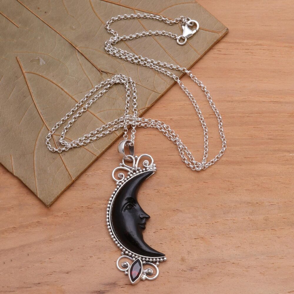 Handmade Garnet Buffalo Horn Pendant Necklace - Sterling Silver Moon and Sun Birthstone - Image 2