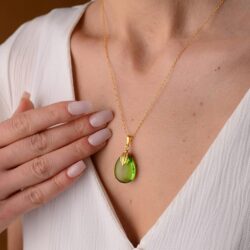 Green Amber Pendant Necklace with 925 Sterling Silver Leaf Figure and 18 inch Chain 18K Gold Plated, Green Amber Necklace for Women, Amber Stone Jewelry, HandMade from Amber (Green Puff) - Image 3