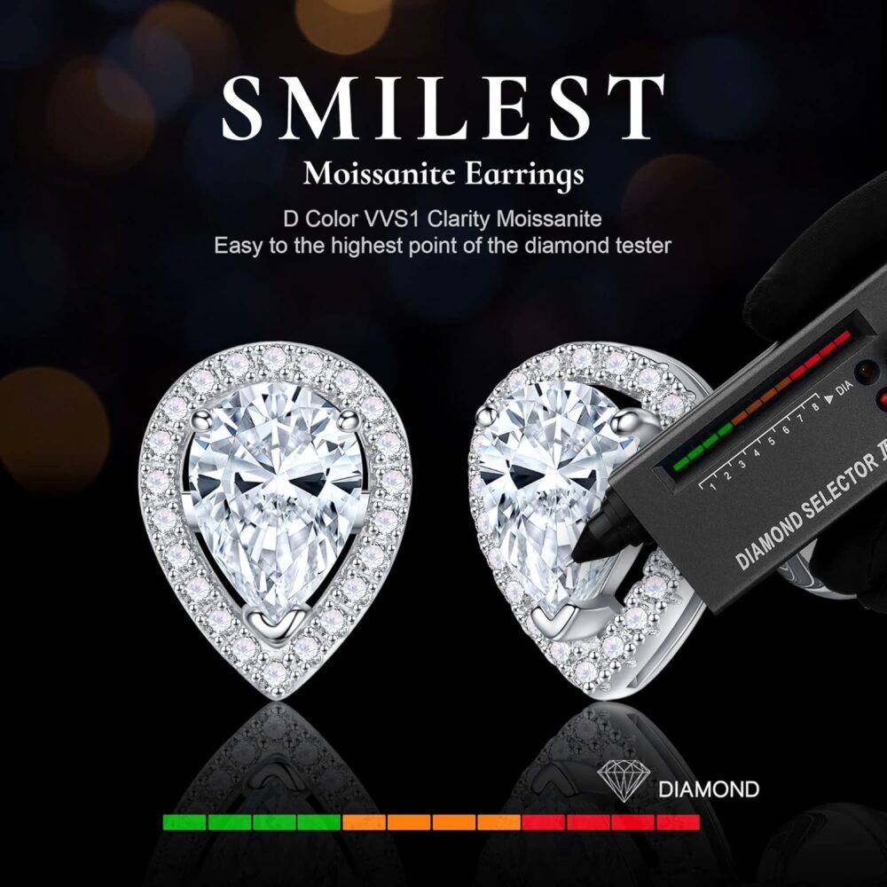 SMILEST 1-2ct Moissanite Halo Earrings for Women Men, Princess Cushion D Color VVS1 Clarity Lab Created Diamond Earrings 18K White Gold Vermeil S925 Sterling Silver Moissanite Earrings for Women Gifts - Image 2