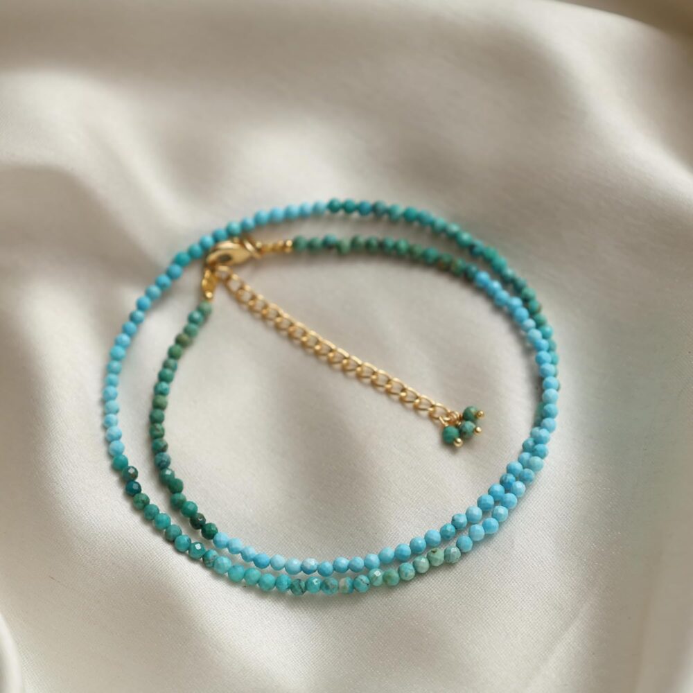 Gempires Turquoise Beaded Choker Necklaces, Crystal Necklace, 2.4-2.5 mm Beads, Bohemian Style, December Birthstone Gifts, 18 inch Adjustable 14k Gold Plated Chain - Image 5