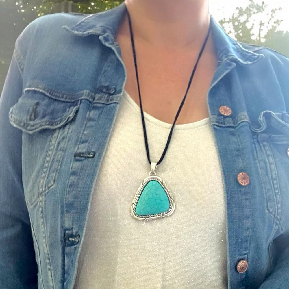 Long Leather Necklace for women. Black pu leather necklace with faux turquoise pendant. Light large Statement. Vintage necklace. Bohemian Handmade Jewelry BALOOLA (Pendant) - Image 2