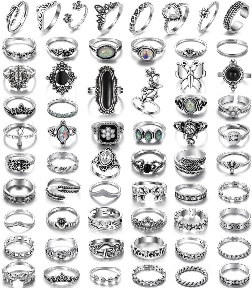 Vintage Silver Knuckle Rings Set for Women Men, Chunky Rings Aesthetic Snake Grunge Stackable Gothic Ring Adjustable Y2K Punk Bulky Boho Finger Alt of Rings, Stacking Fairy Skull Frog Heart Star Flower Midi Ring Pack