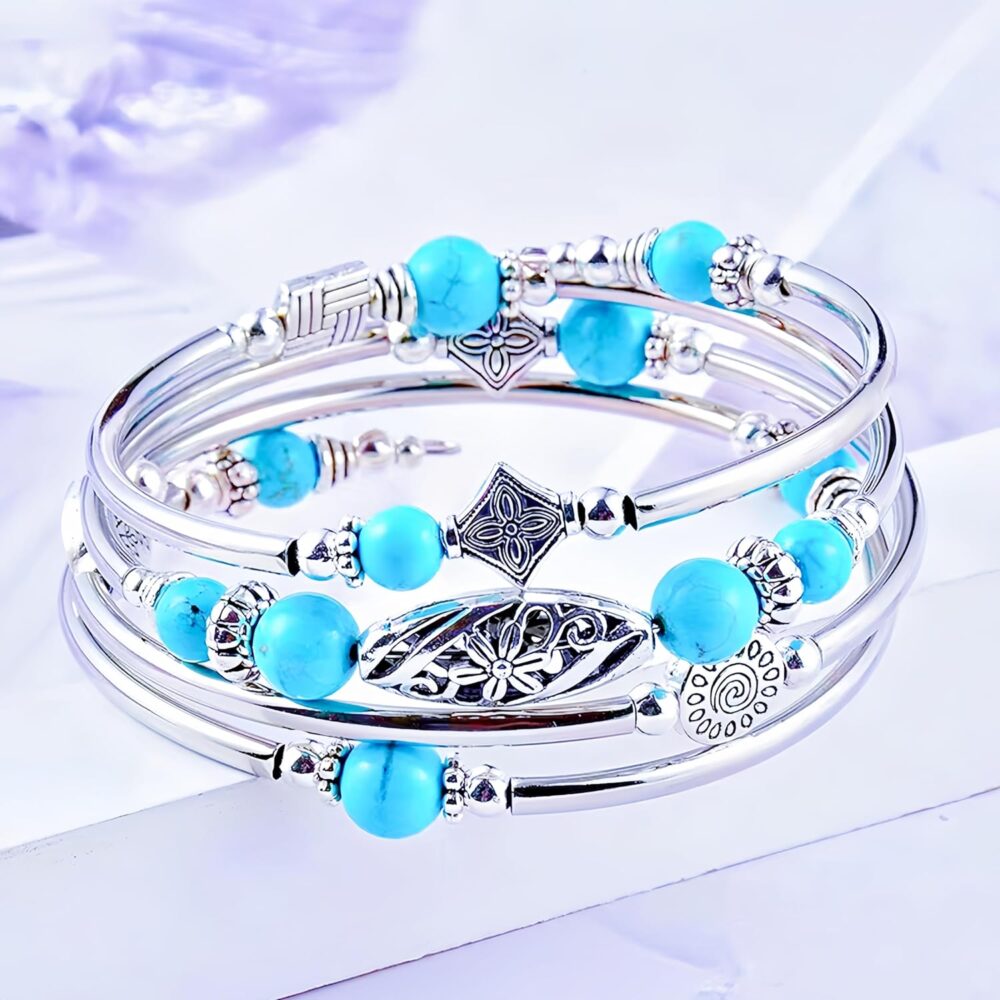 2Pcs Boho Multilayer Turquoise Beads Bracelet for Women, handmade Layered Wrap Bangle and Necklace Jewelry Set with Natural Crystal Stone, Stress Relieve Healing bracelets, Gifts For Women - Image 5