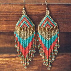 Handmade Artisan Dangle Fringe Earrings, Long Seed Bead Turquoise, Red