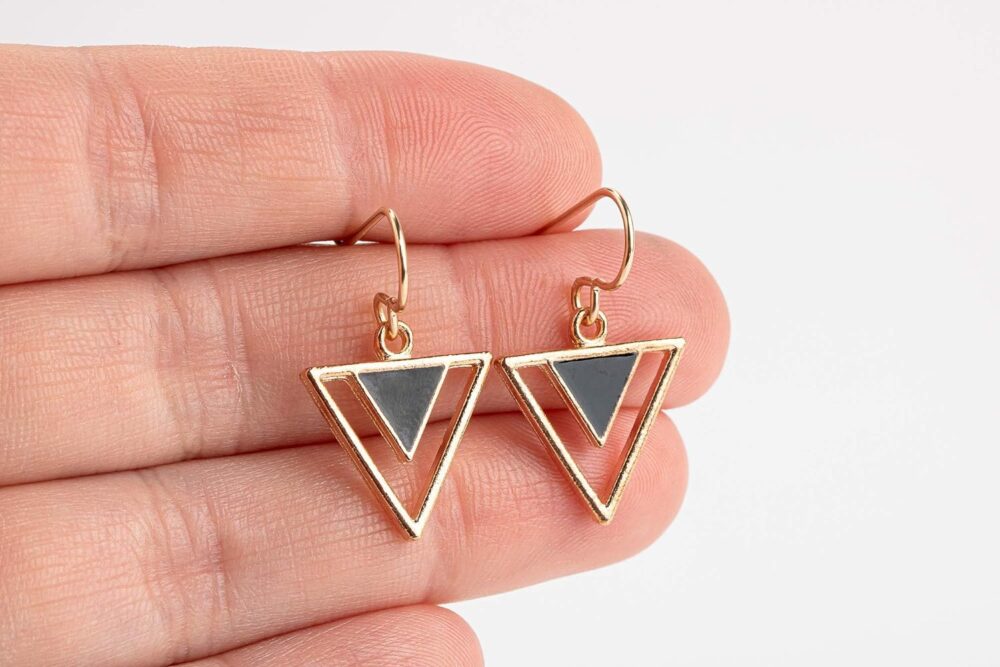 Tribal Triangle Dangle Earrings |Gold Geometric Bohemian Drop Earrings | Multiple Colors Available (Black) - Image 2