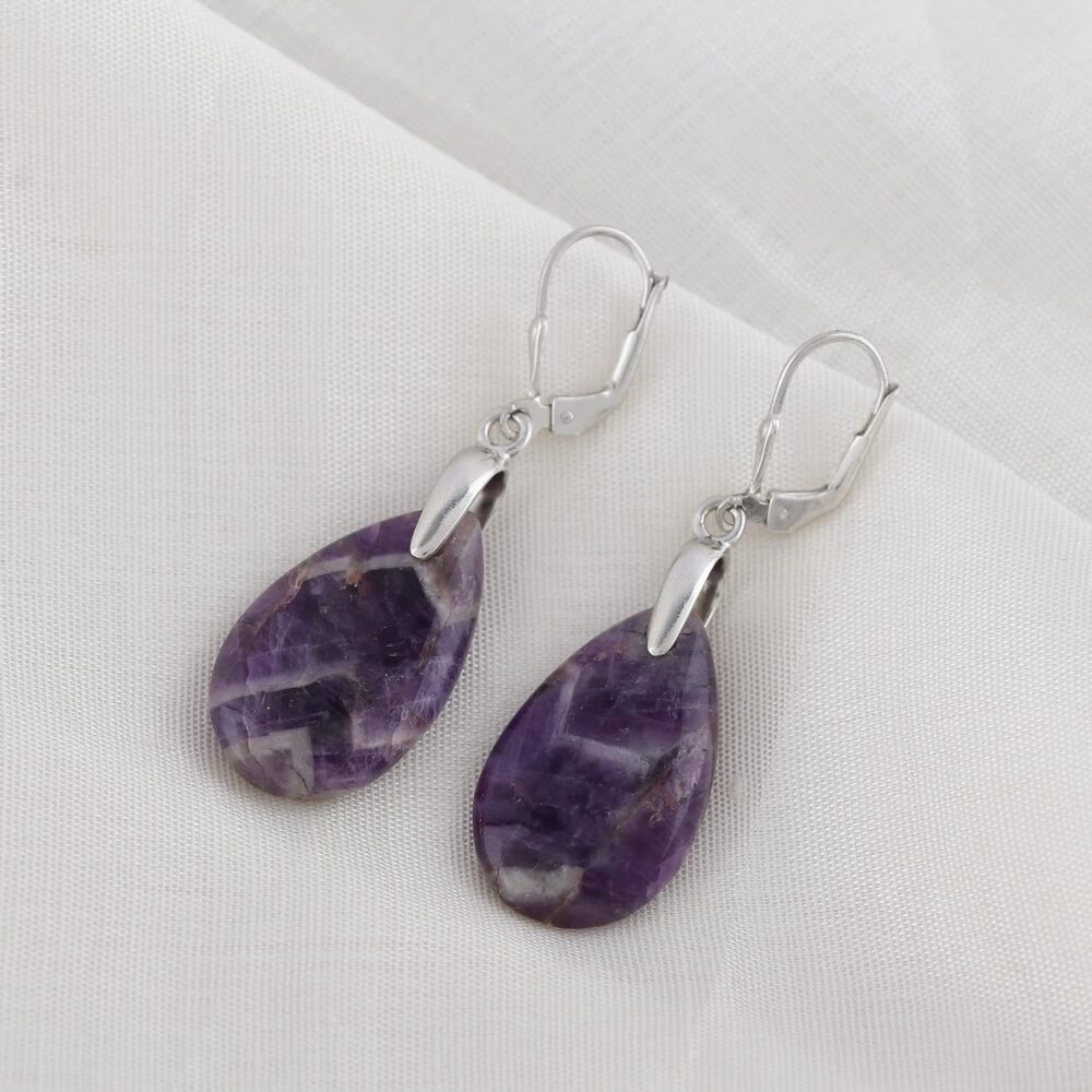 Solid 925 Sterling Silver Earrings, Natural Chevron Amethyst Gemstones Earrings for Women, Tear Drops, Birthstones, Bohemian Handmade Elegant Statement Jewelry, Wedding, Christmas Gifts - Image 3