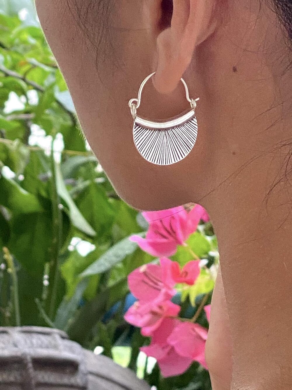 Sterling Silver Handmade Crescent Boho Hoop Earrings, 7/8" x 1 1/4" Half Moon Shape Ethnic Hippie Gypsy Bohemian Style, Gift for Her - Image 6