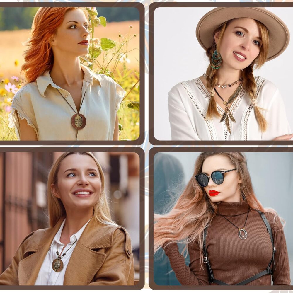 Huquary 8 Pcs Long Wooden Pendant Necklaces for Women Bohemian Sweater Necklace Set Wooden Faux Leather Long Necklaces for Women Men Vintage Necklace Boho Necklace Jewelry - Image 5